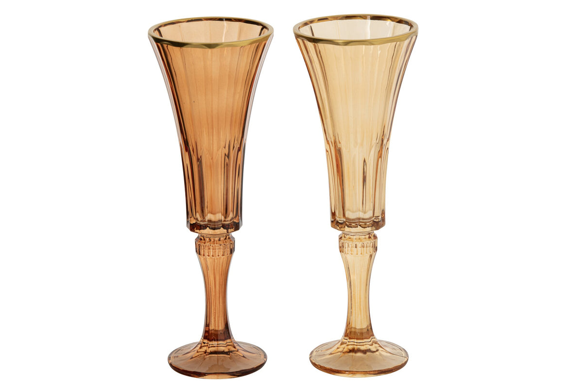 J-Line Champagneglas med relief og gylden kant, små, okkergule/bronzefarvede, assorterede – 2 stk.