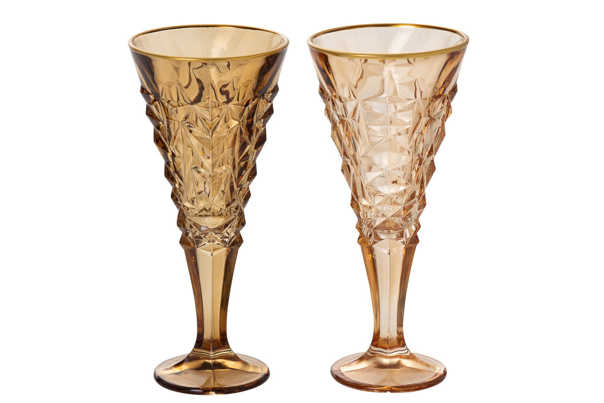 J-Line Champagneglas med relief, gylden kant, stort, okkergul/bronzefarvet, assorteret – 2 stk.