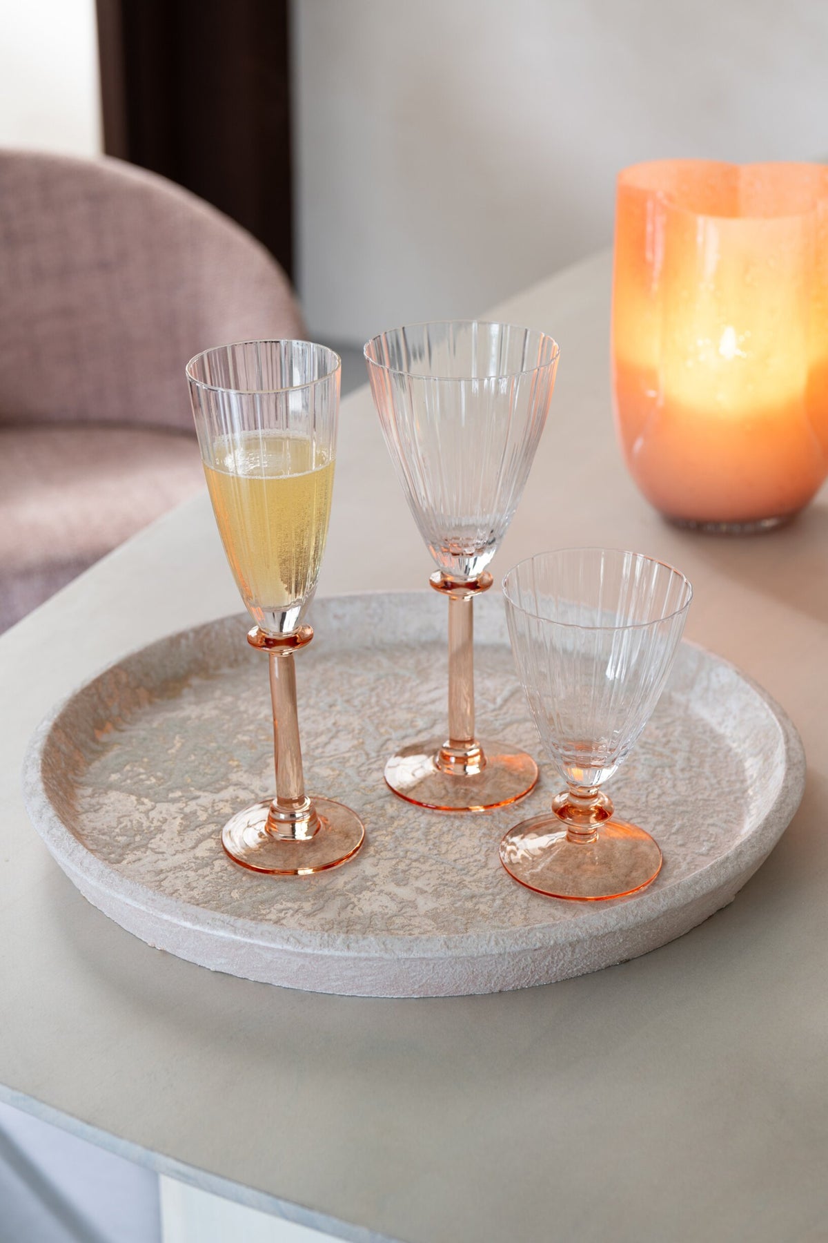 J-Line champagneglas med striber, transparent/laksefarvet