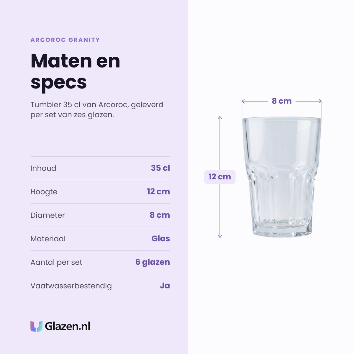 Arcoroc Granity tumbler 35 cl specificaties: inhoud 35 cl, hoogte 12 cm, diameter 8 cm, glas, set van 6