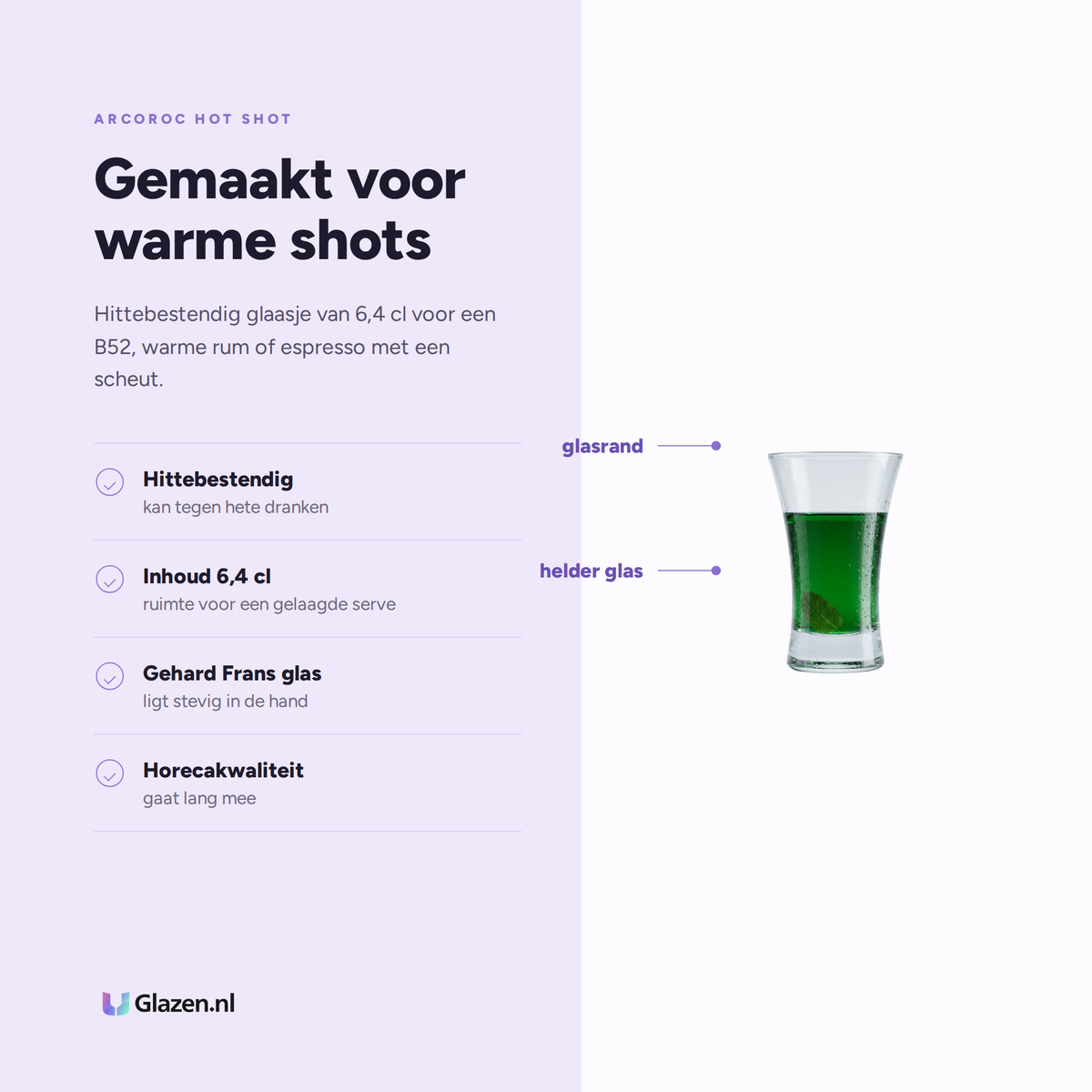 Arcoroc Hot Shot Shotglas 6,4 Cl - 12 Stuks, eigenschappen