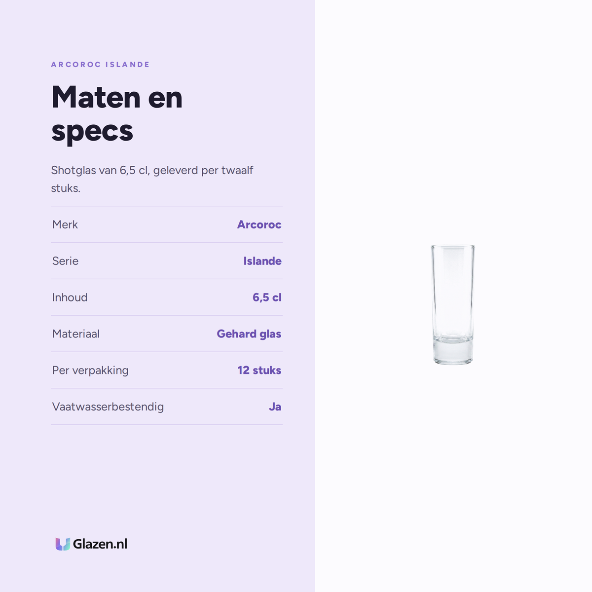 Arcoroc Islande Shotglas 6,5 Cl - 12 Stuks, maten en specs