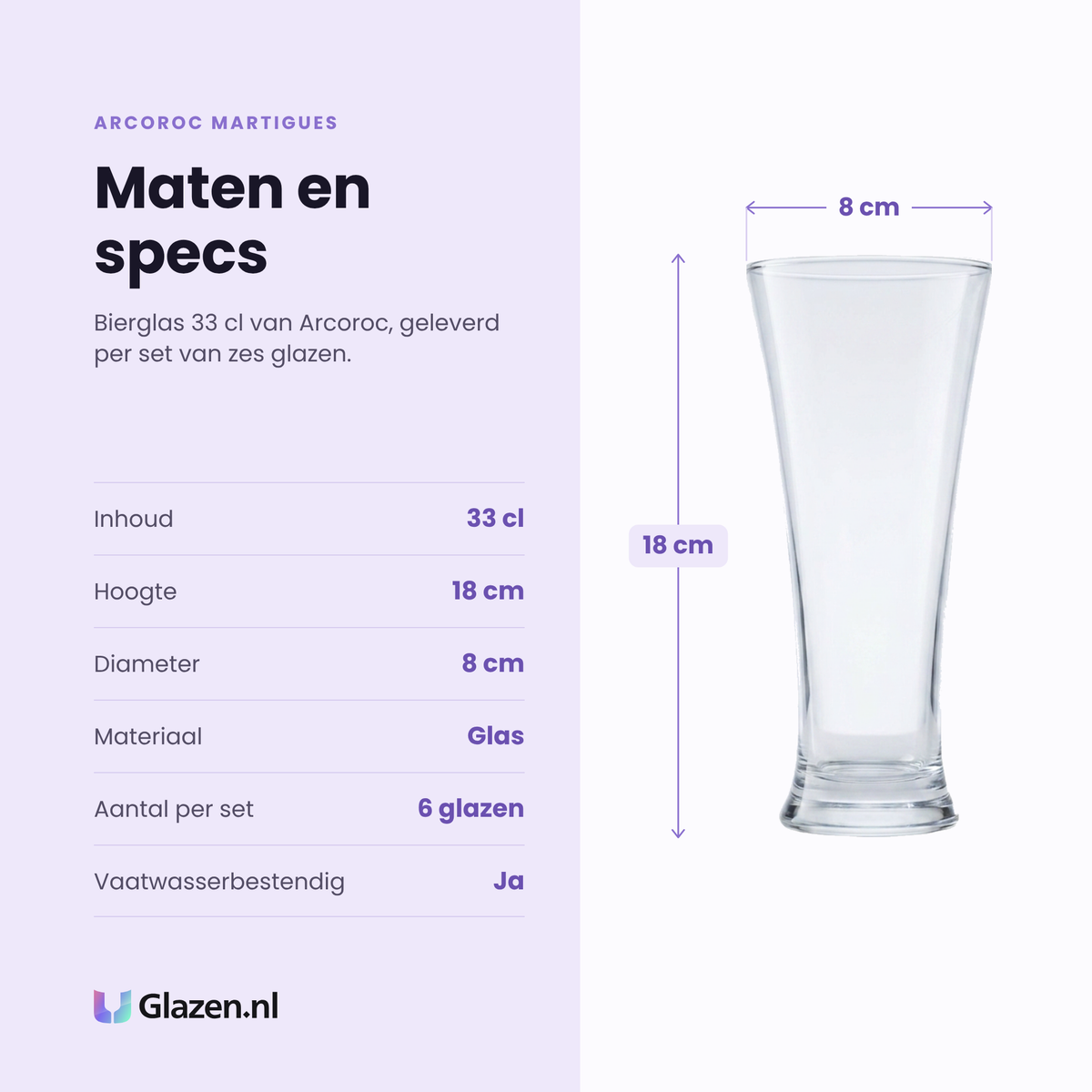Arcoroc Martigues bierglas 33 cl specificaties: inhoud 33 cl, hoogte 18 cm, diameter 8 cm, glas, set van 6