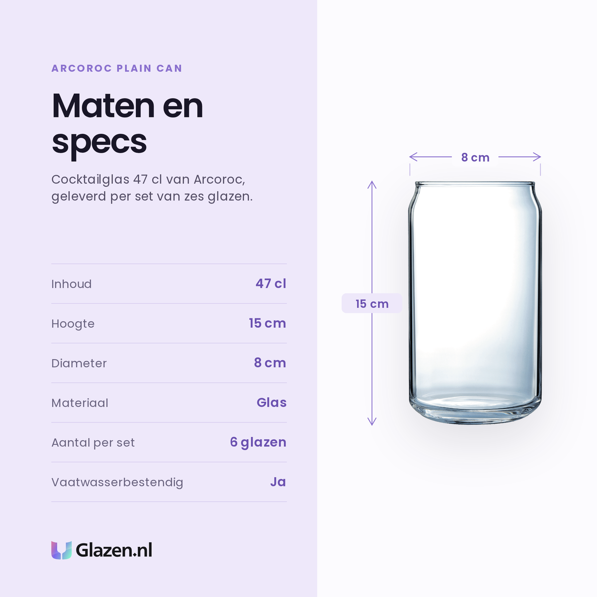 Arcoroc Plain Can cocktailglas 47 cl specificaties: inhoud 47 cl, hoogte 15 cm, diameter 8 cm, set van 6