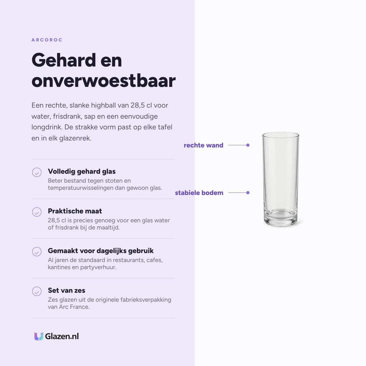 Infographic met de eigenschappen van Arcoroc Princesa Longdrinkglas 28,5 cl Transparant - 6 Stuks