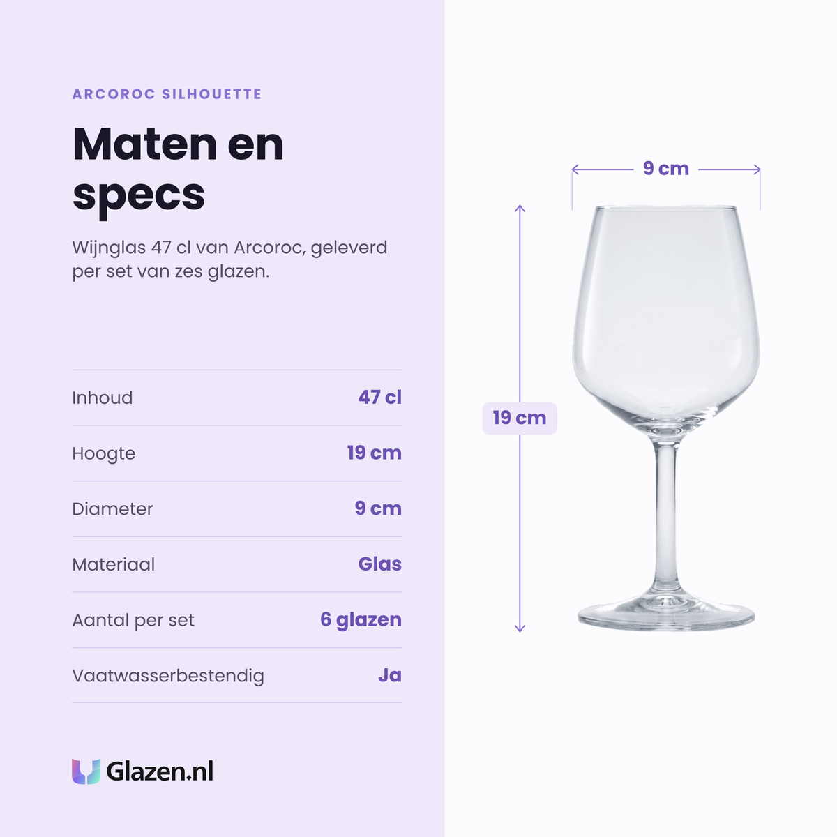 Arcoroc Silhouette wijnglas 47 cl specificaties: inhoud 47 cl, hoogte 19 cm, diameter 9 cm, glas, set van 6