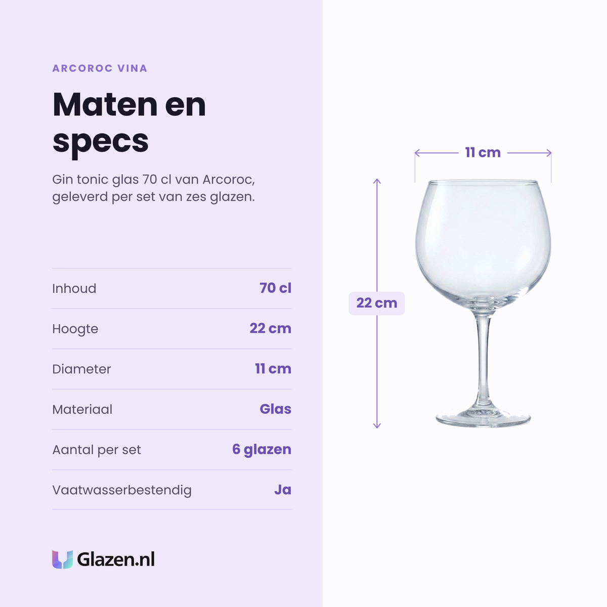 Arcoroc Vina gin tonic glas 70 cl specificaties: inhoud 70 cl, hoogte 22 cm, diameter 11 cm, glas, set van 6