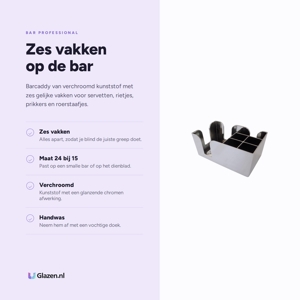 Infographic met de eigenschappen van Bar Professional Barcaddy Chroom 6-Vaks 24 Cm