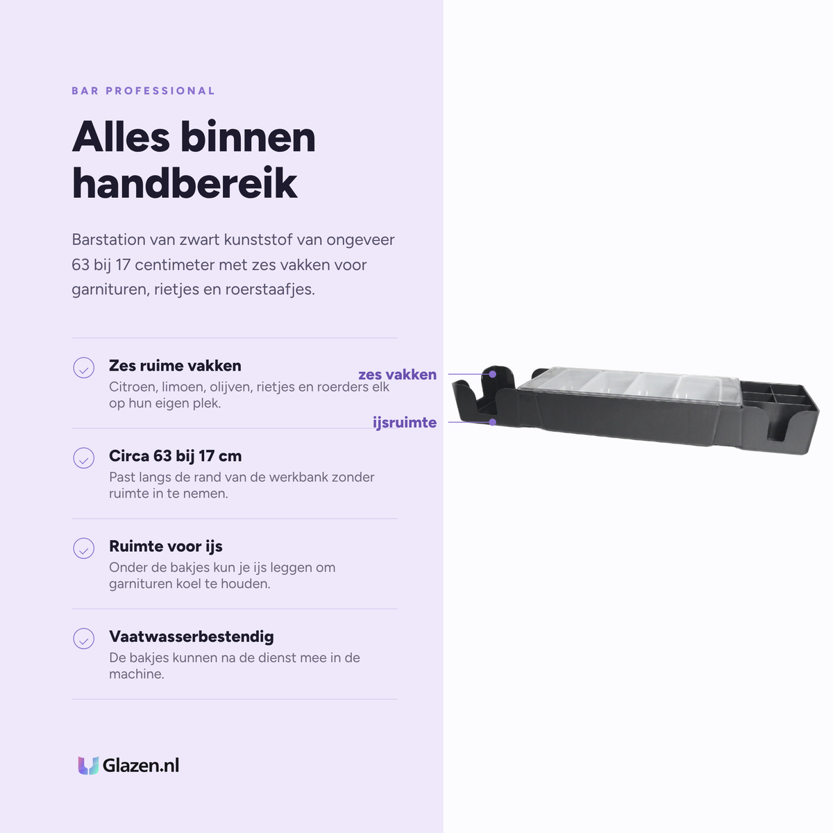 Bar Professional Barstation Condimentenhouder Zwart 6-Vaks eigenschappen: zes ruime vakken, circa 63 bij 17 cm, ruimte voor ijs, vaatwasserbestendig