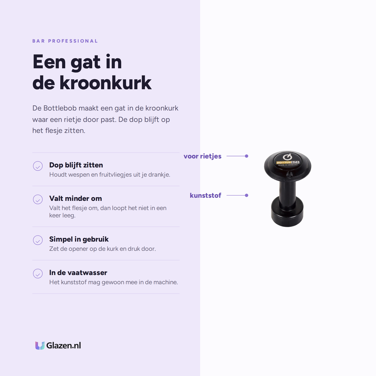Infographic met de eigenschappen van Bar Professional Bottlebob Flesdopopener