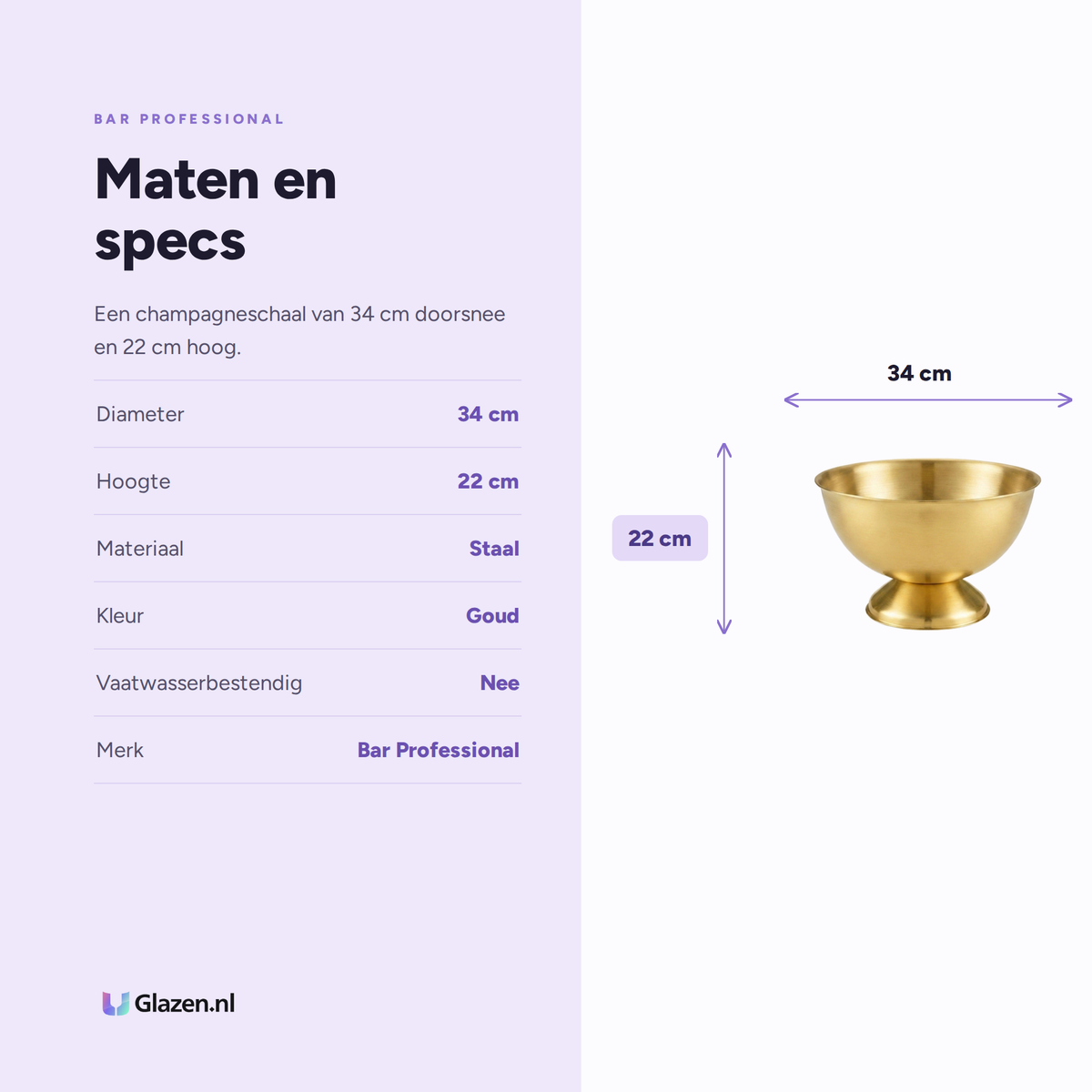 Maten en specificaties van Bar Professional Champagneschaal Goud 34 Cm