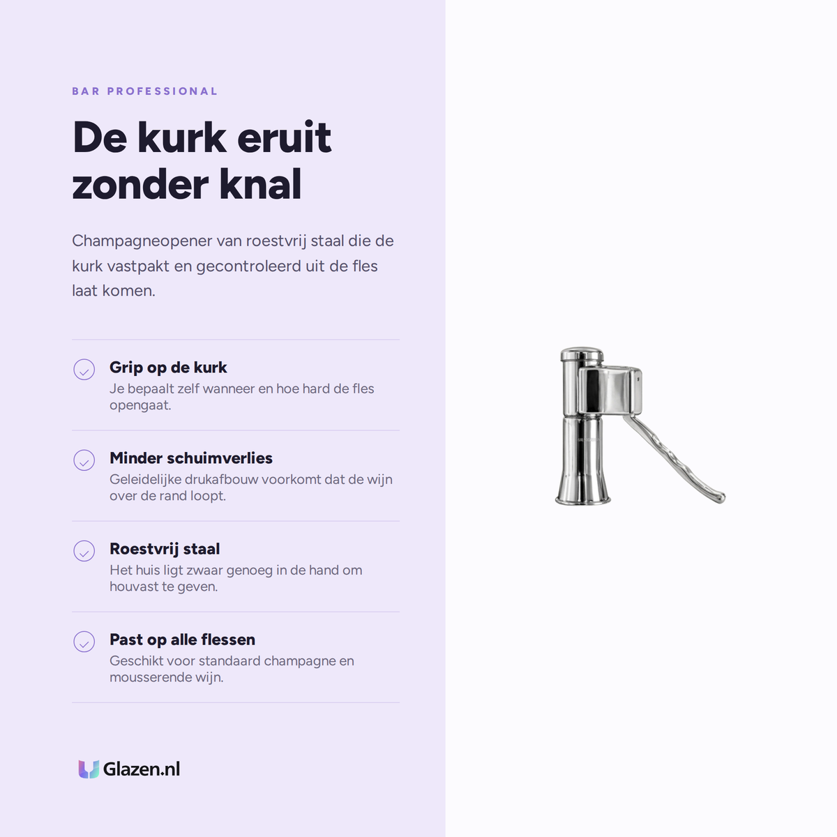 Infographic met de eigenschappen van Bar Professional Descorjet Champagneopener RVS