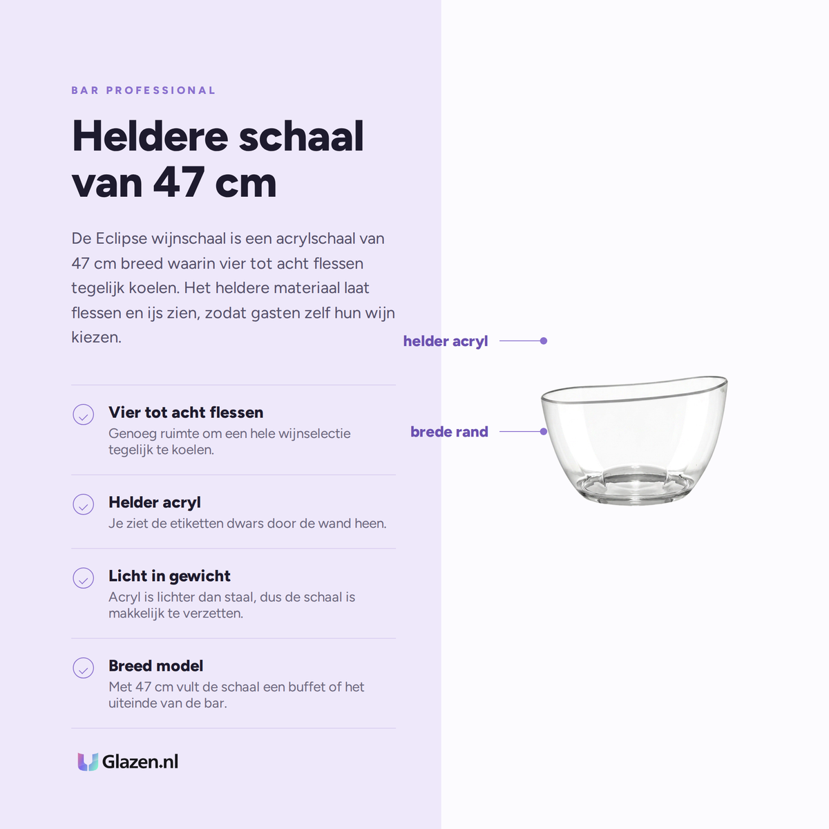 Infographic met de eigenschappen van Bar Professional Eclipse Wijnschaal Transparant 47 Cm
