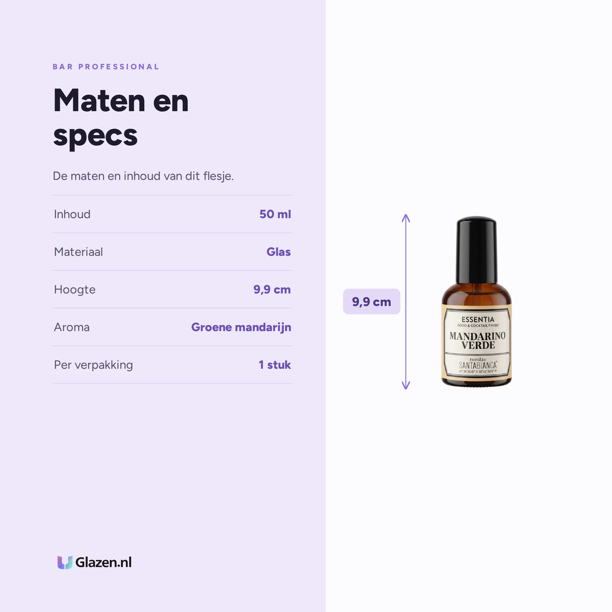 Infographic met de maten en specificaties van Bar Professional Essentia Green Mandarin Aroma 50 ml