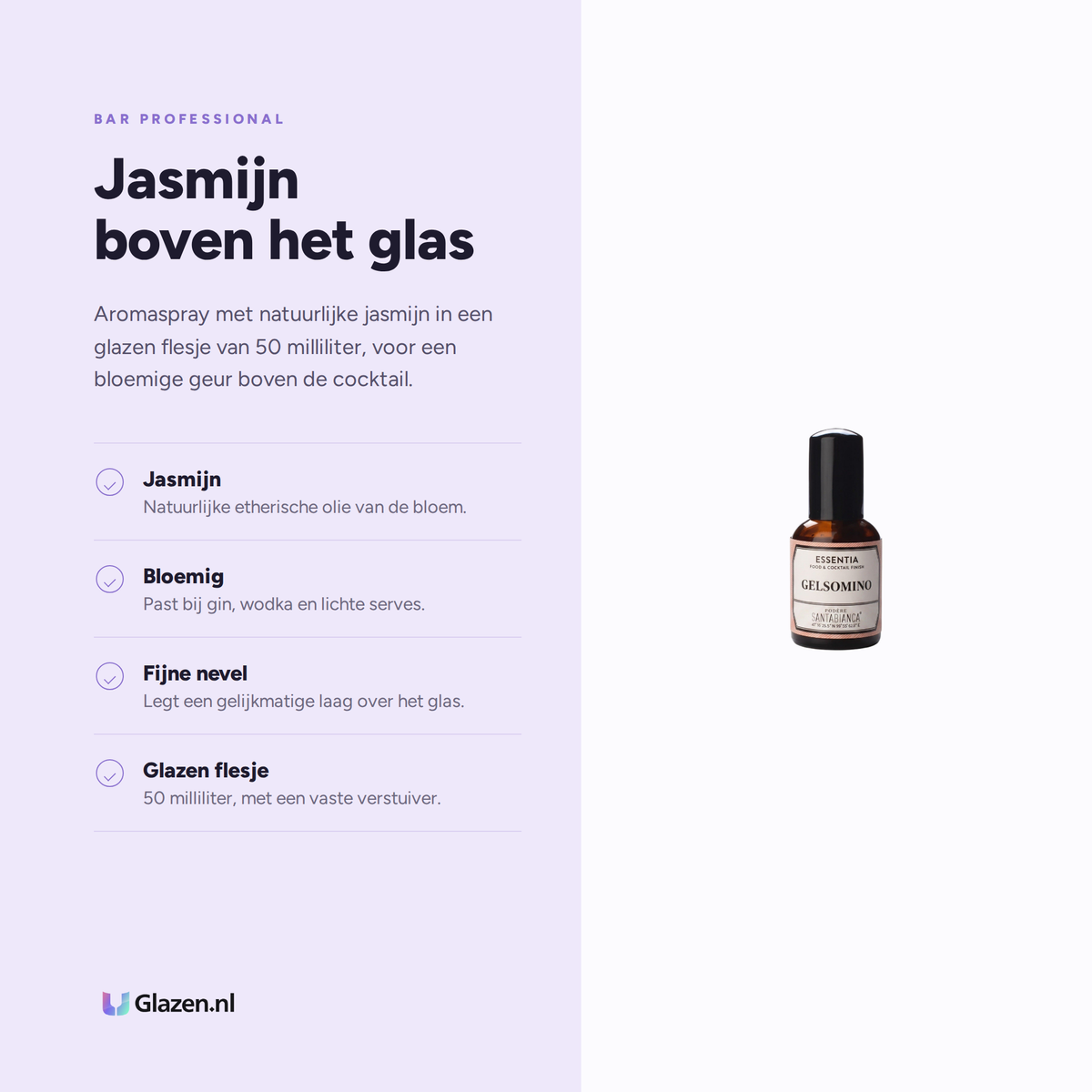 Infographic met de eigenschappen van Bar Professional Essentia Jasmijn Aroma 50ml