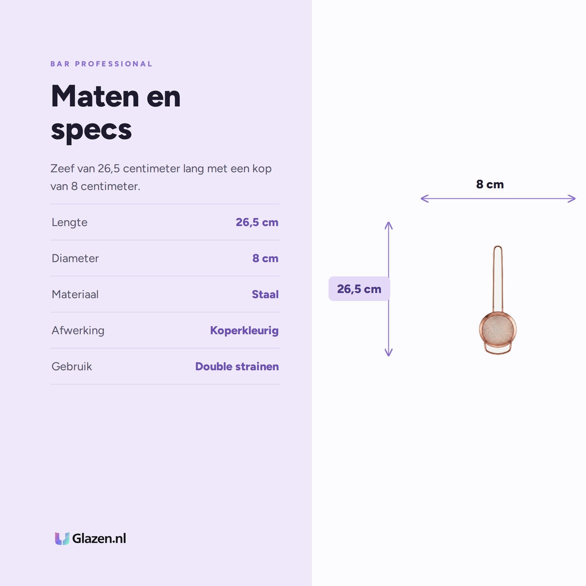Maten en specificaties van de fijne cocktailzeef in koper van 8 centimeter van Bar Professional