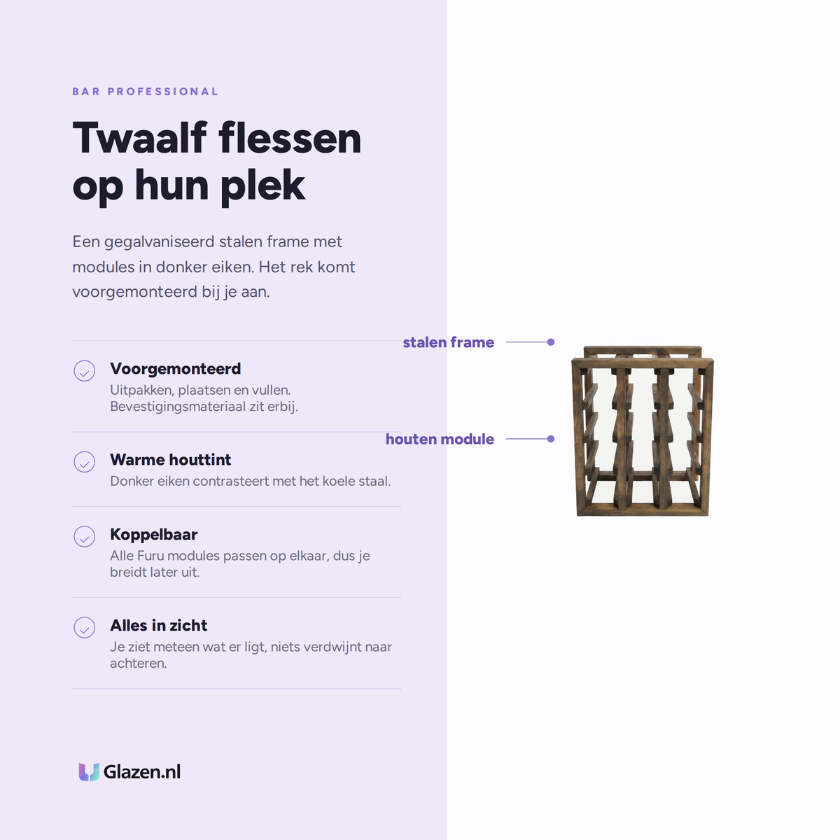 Infographic met de eigenschappen van Bar Professional Furu Wijnrek 12 Flessen Donker Eiken