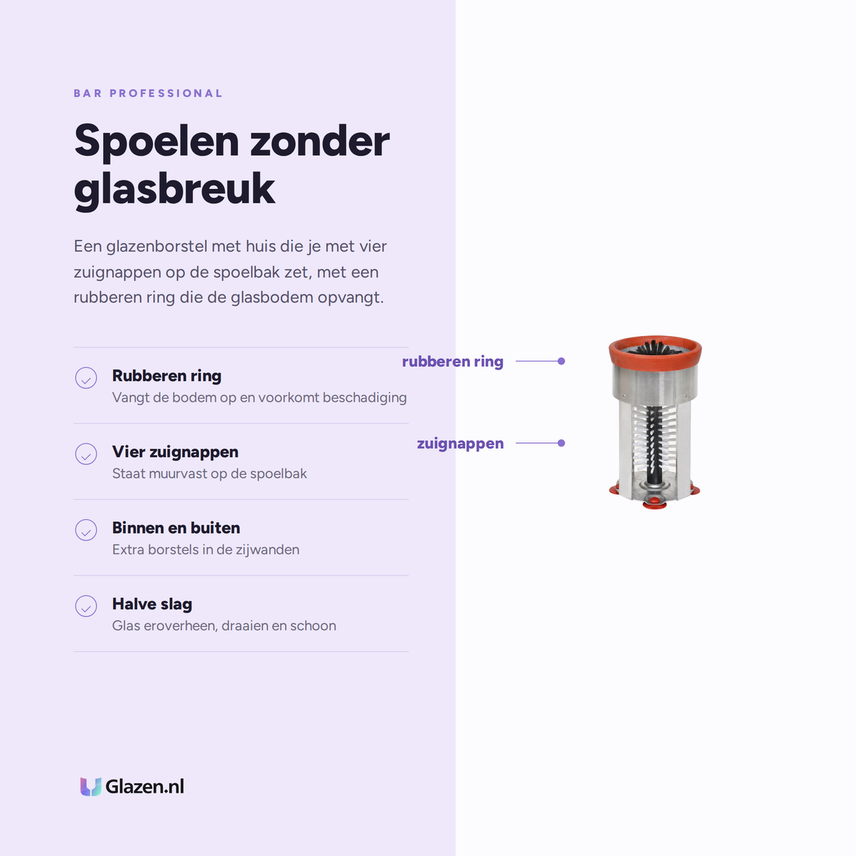 Eigenschappen van de enkele glazenborstel met zuignappen van Bar Professional