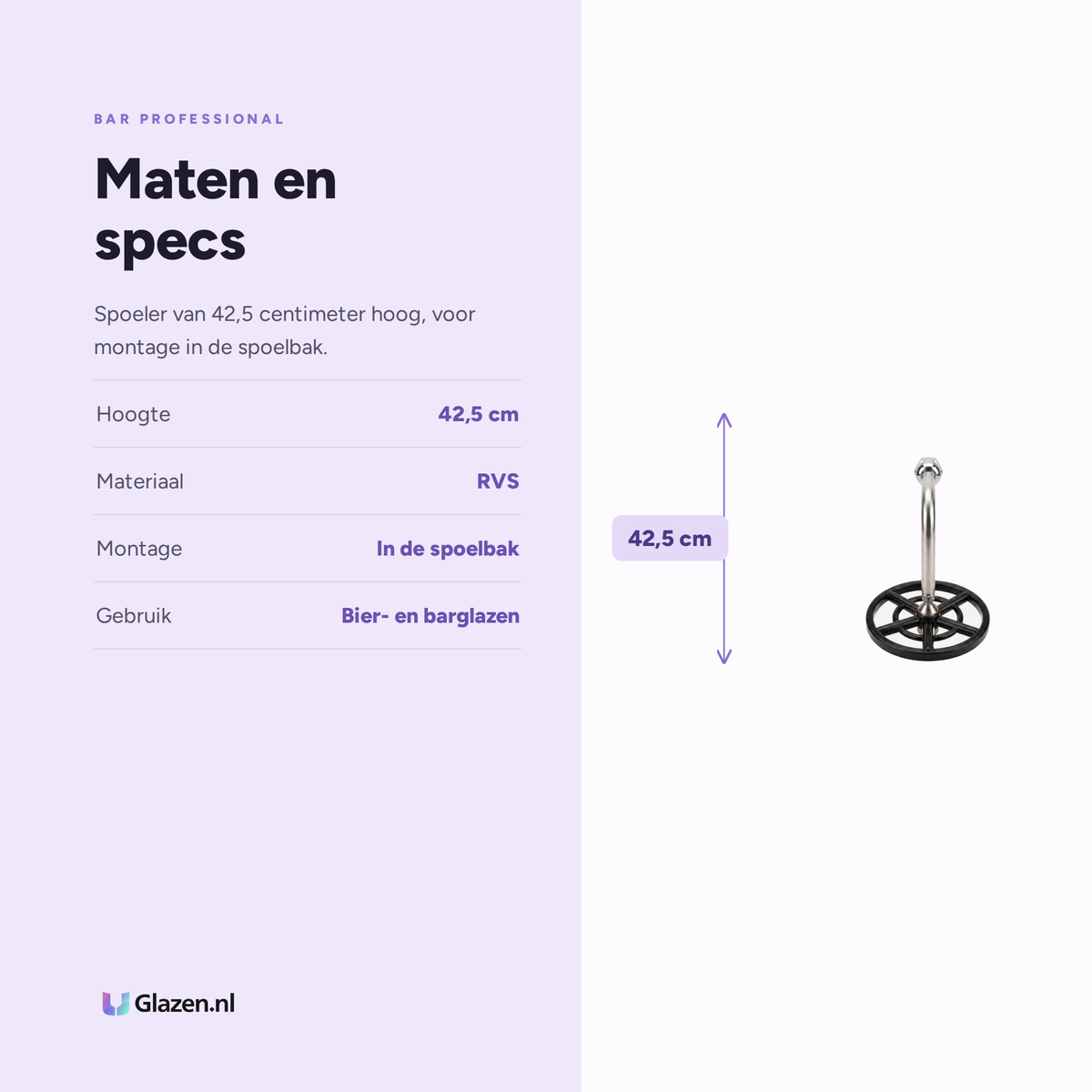 Maten en specificaties van de glazenspoeler van RVS van Bar Professional