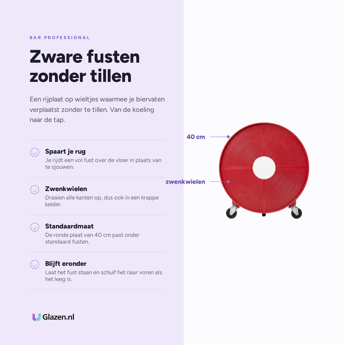 Infographic met de eigenschappen van Bar Professional KEG Dolly Fustenroller 40 cm