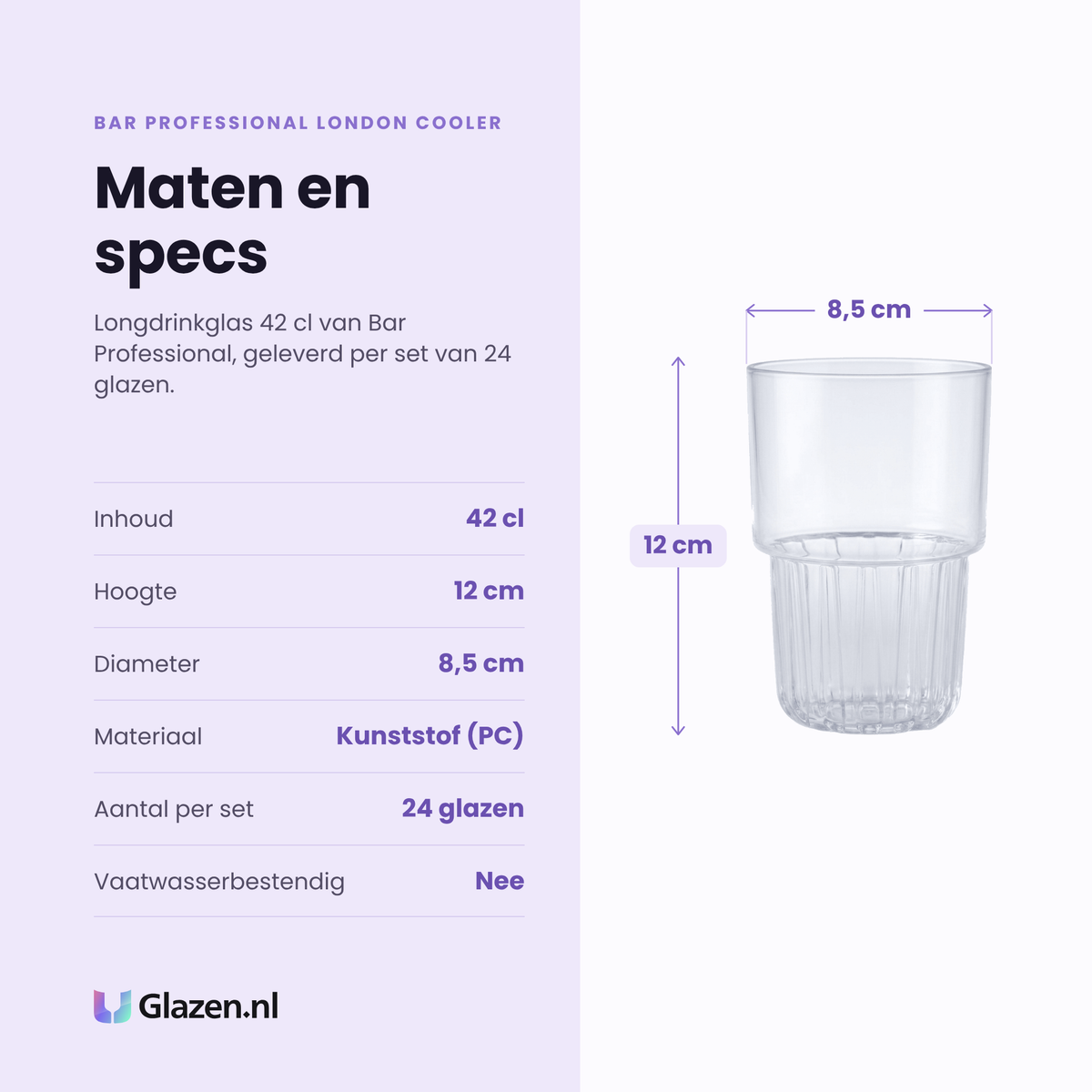 Bar Professional London Cooler longdrinkglas 42 cl specificaties: inhoud 42 cl, hoogte 12 cm, diameter 8,5 cm, kunststof, set van 24