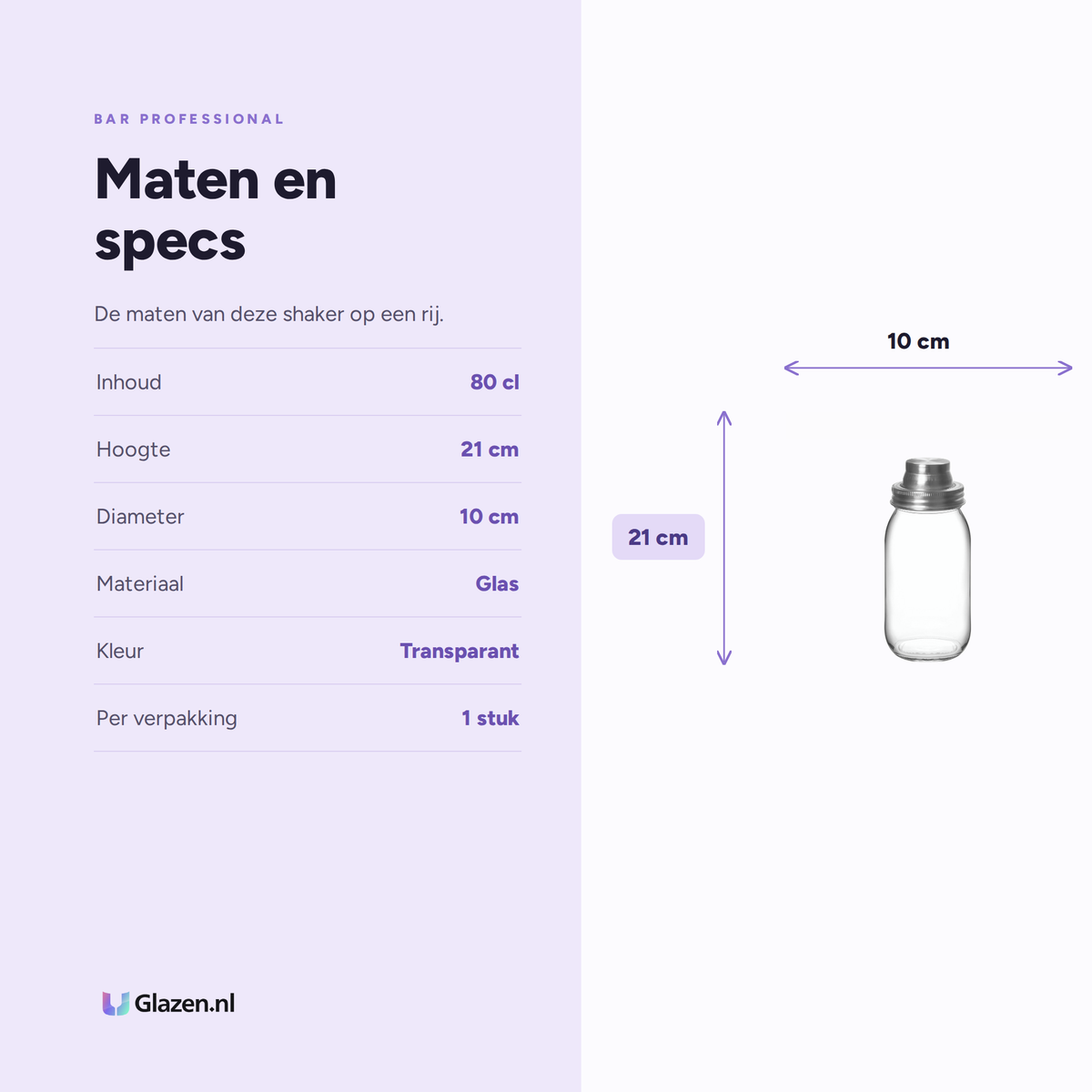 Maten en specs van de Bar Professional Mason Jar Cocktailshaker Glas 80 Cl