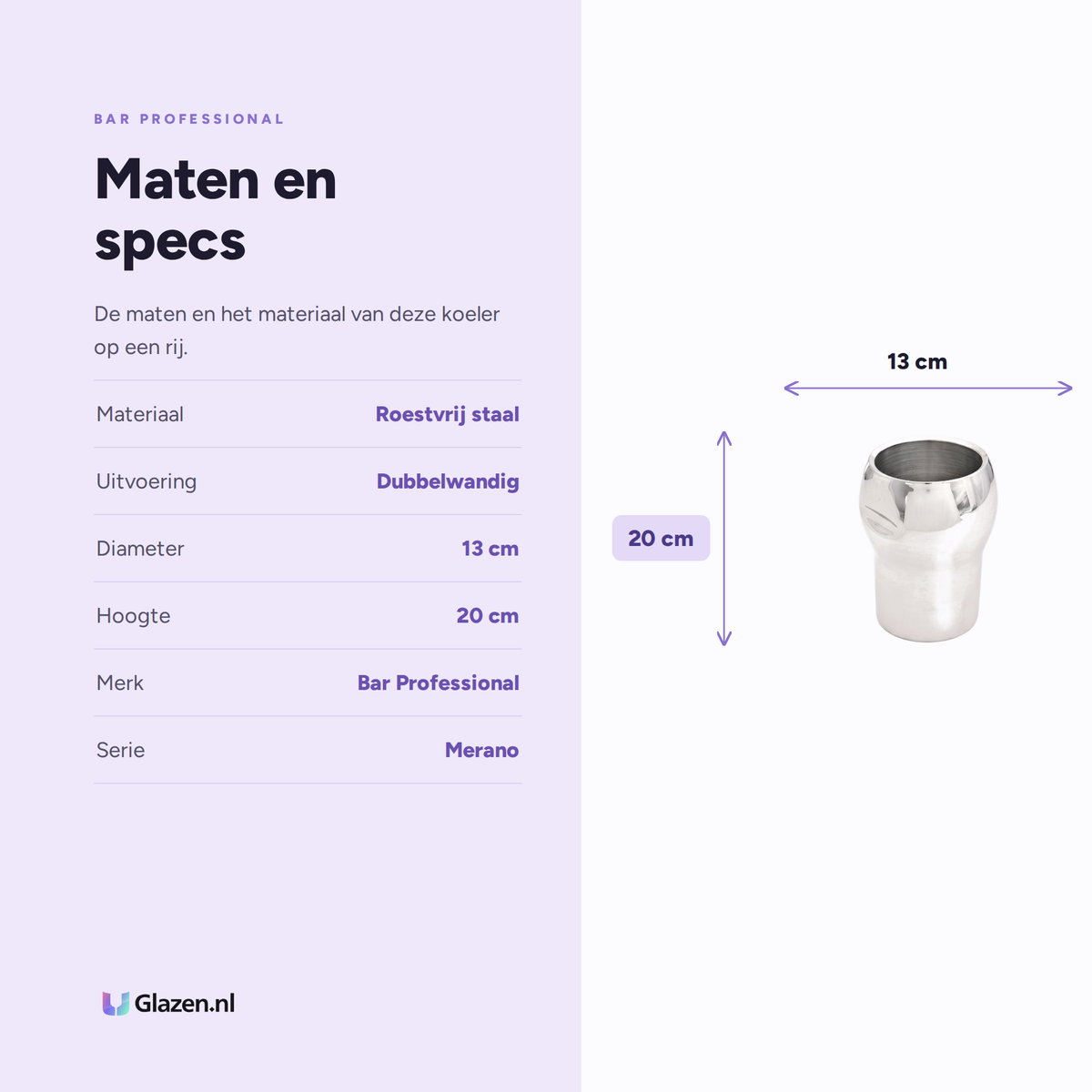 Bar Professional Merano Wijnkoeler Dubbelwandig RVS 20 Cm maten en specs - Glazen.nl