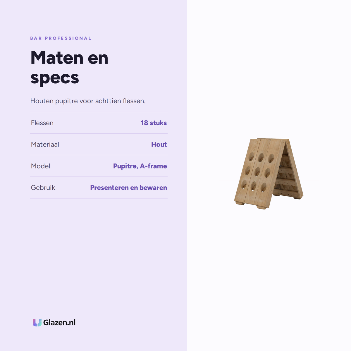 Maten en specificaties van het houten pupitre wijnrek voor achttien flessen van Bar Professional