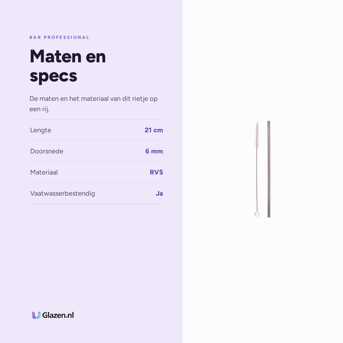 Maten en specificaties van Bar Professional Rietje RVS Recht 6 Mm 21 Cm