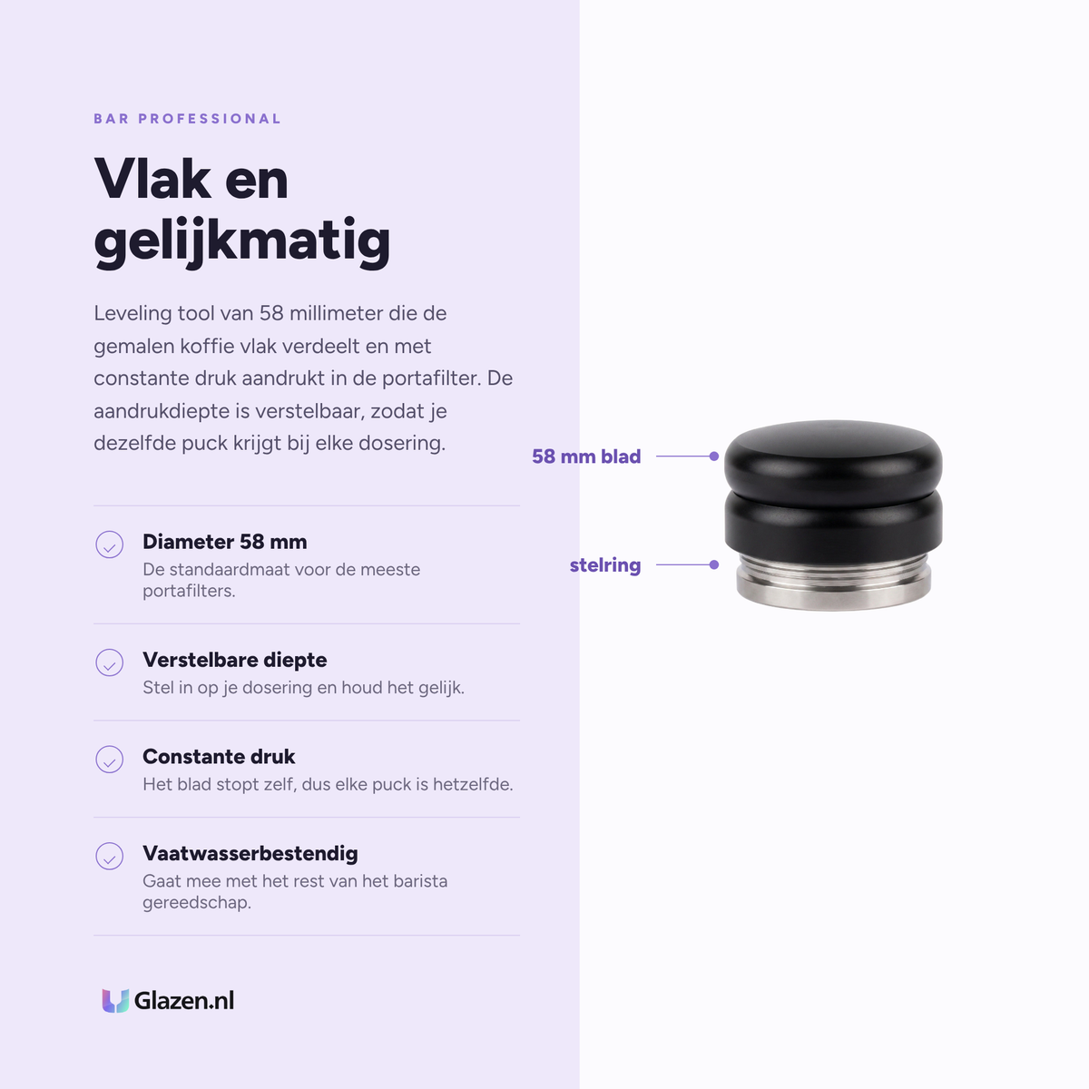 Eigenschappen van de Bar Professional Tamper Leveling Tool 58 mm Zwart