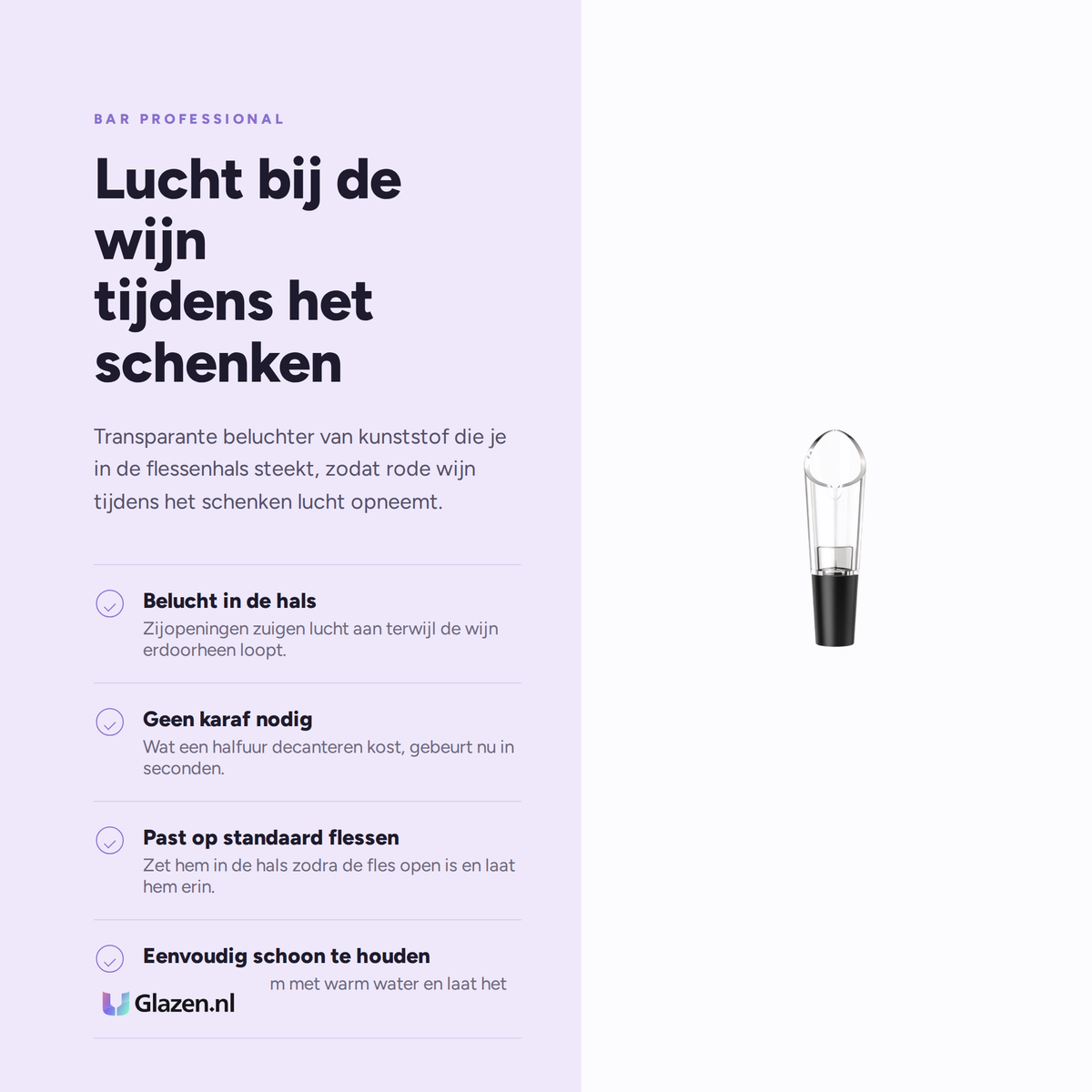 Infographic met de eigenschappen van Bar Professional Wijnbeluchter Schenktuit Transparant