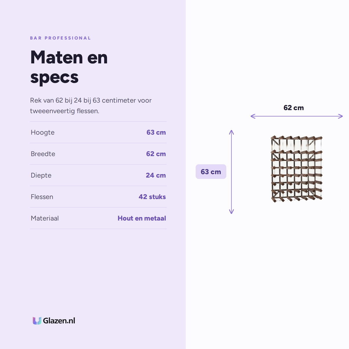 Maten en specificaties van het wijnrek voor tweeenveertig flessen in donker eiken van Bar Professional