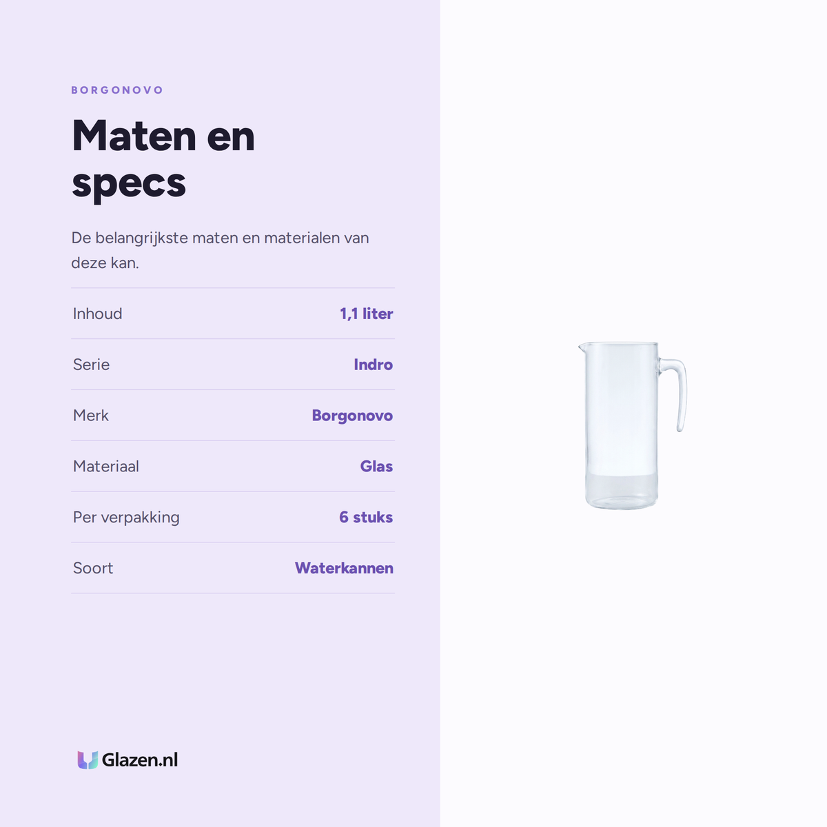 Infographic met de maten en specificaties van Borgonovo Kan Indro 1,1 Liter - 6 Stuks
