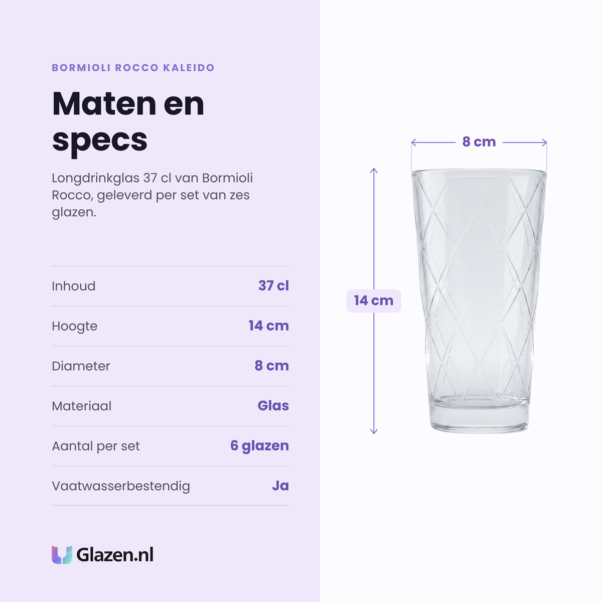 Bormioli Rocco Kaleido longdrinkglas 37 cl specificaties: inhoud 37 cl, hoogte 14 cm, diameter 8 cm, glas, set van 6