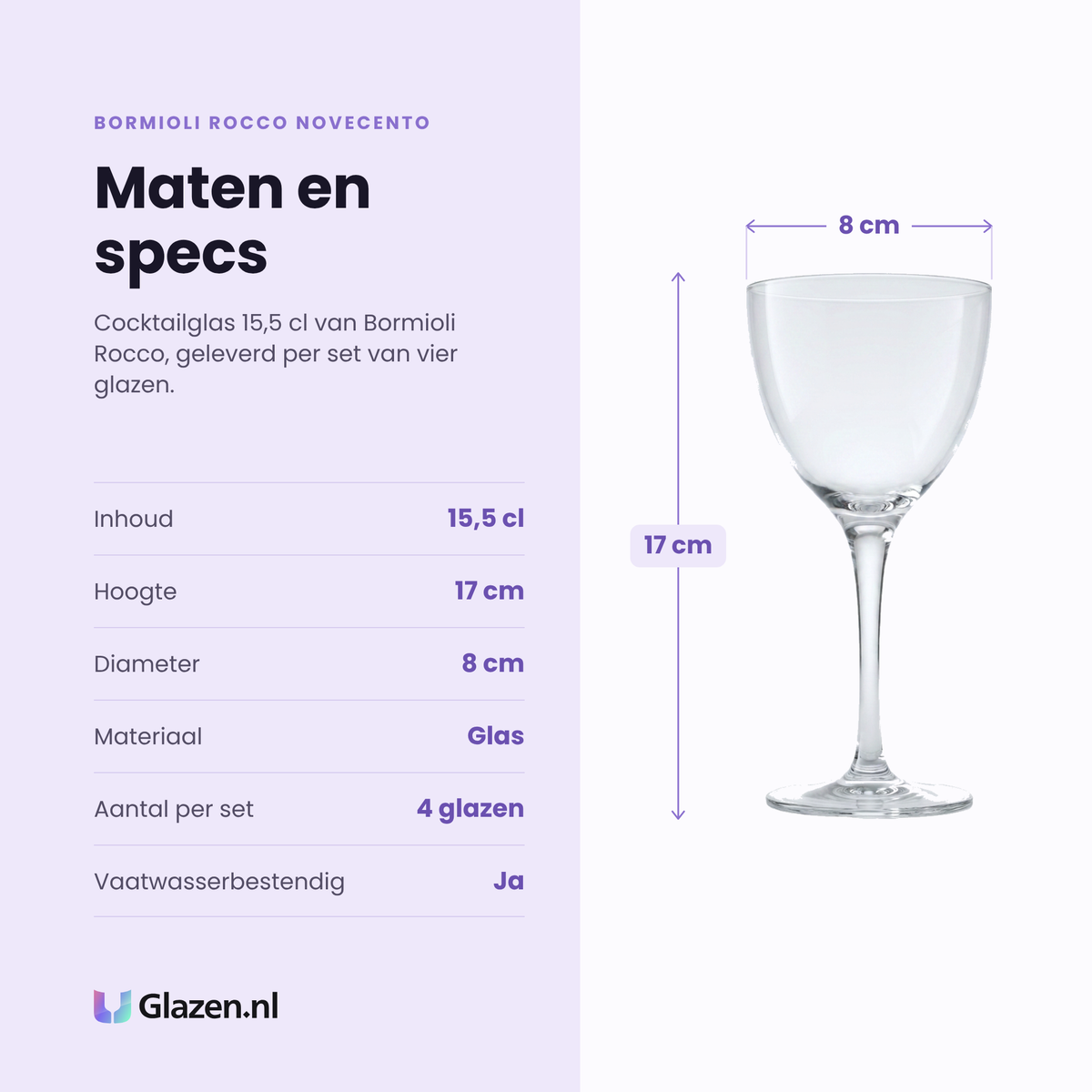 Bormioli Rocco Novecento cocktailglas 15,5 cl specificaties: inhoud 15,5 cl, hoogte 17 cm, diameter 8 cm, glas, set van 4
