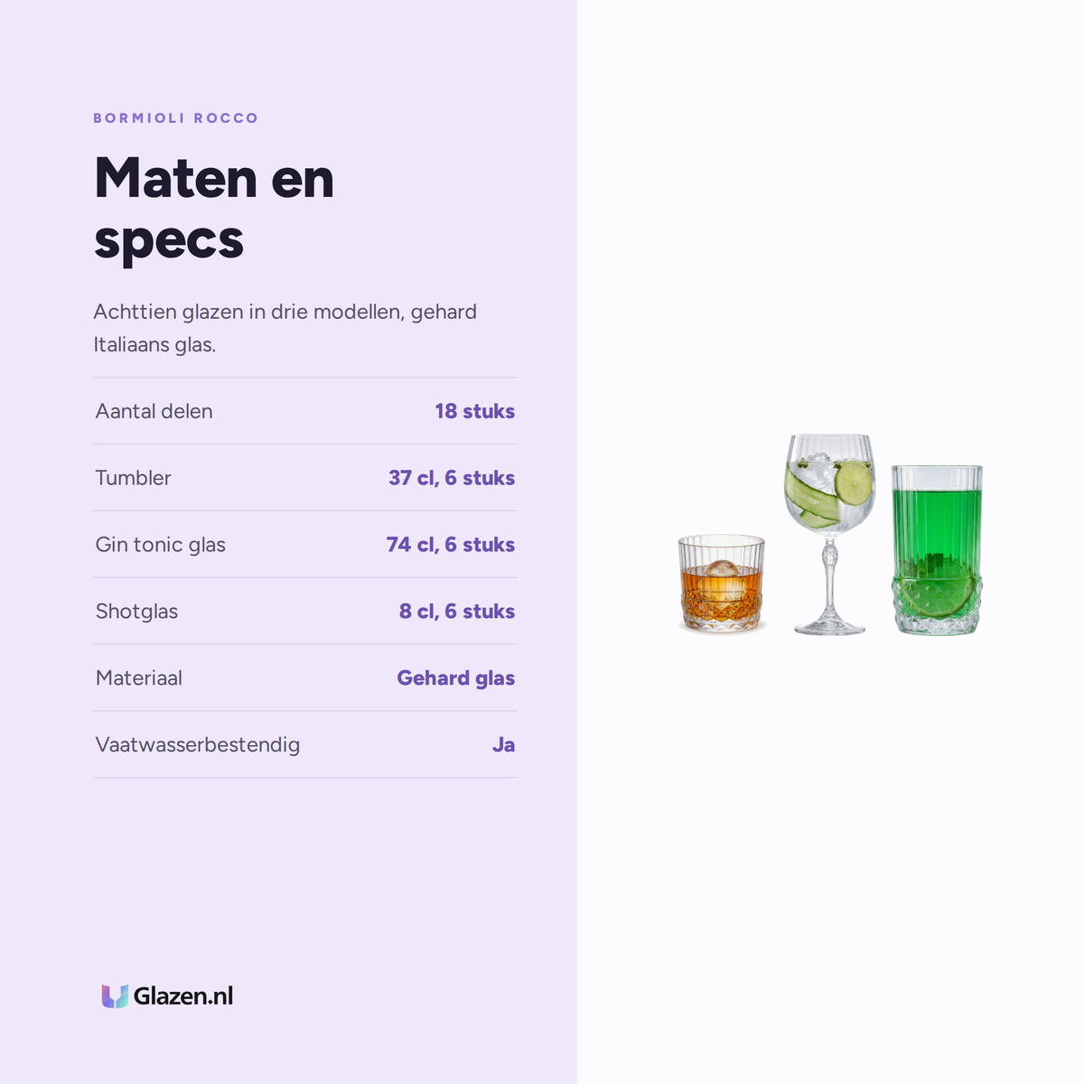 Maten en specificaties van de Bormioli Rocco America'20s Barset 18-Delig (Tumbler, Gin Tonic & Shot)