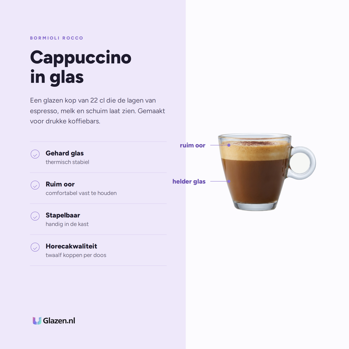 Eigenschappen van de Bormioli Rocco Easy Bar Cappuccinokop 22 Cl