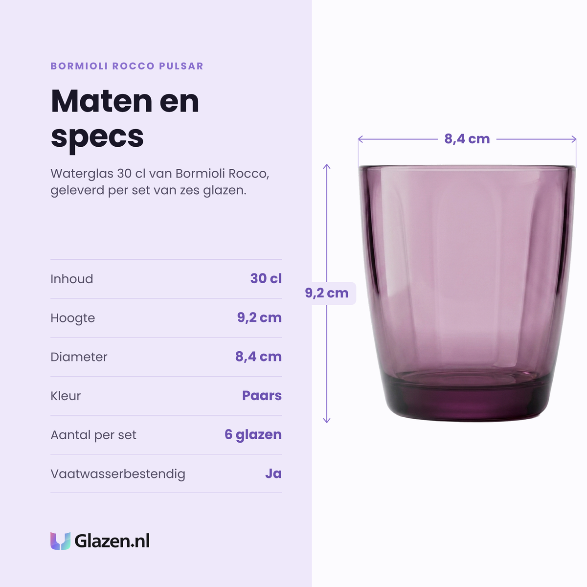 Bormioli Rocco Pulsar waterglas 30 cl specificaties: inhoud 30 cl, hoogte 9,2 cm, diameter 8,4 cm, paars, set van 6