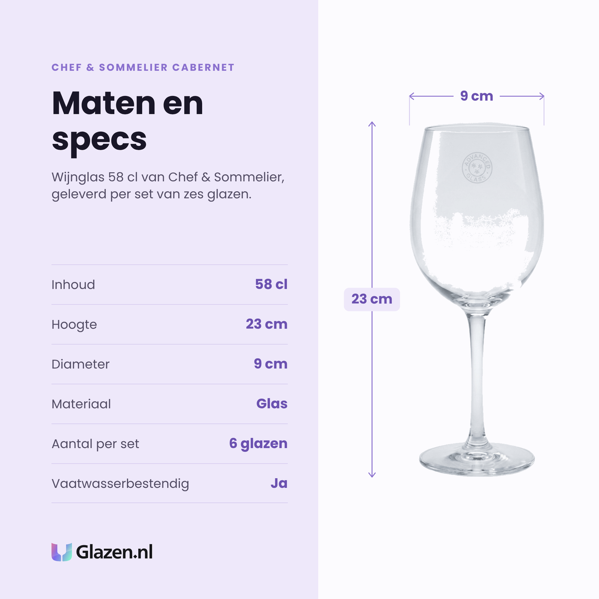 Chef & Sommelier Cabernet wijnglas 58 cl specificaties: inhoud 58 cl, hoogte 23 cm, diameter 9 cm, glas, set van 6