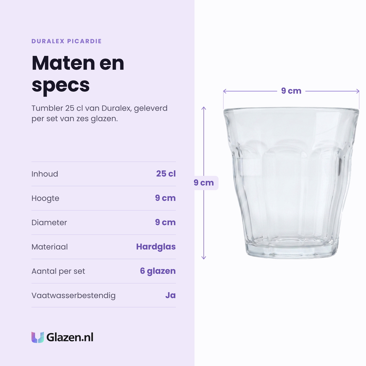 Duralex Picardie tumbler 25 cl specificaties: inhoud 25 cl, hoogte 9 cm, diameter 9 cm, hardglas, set van 6