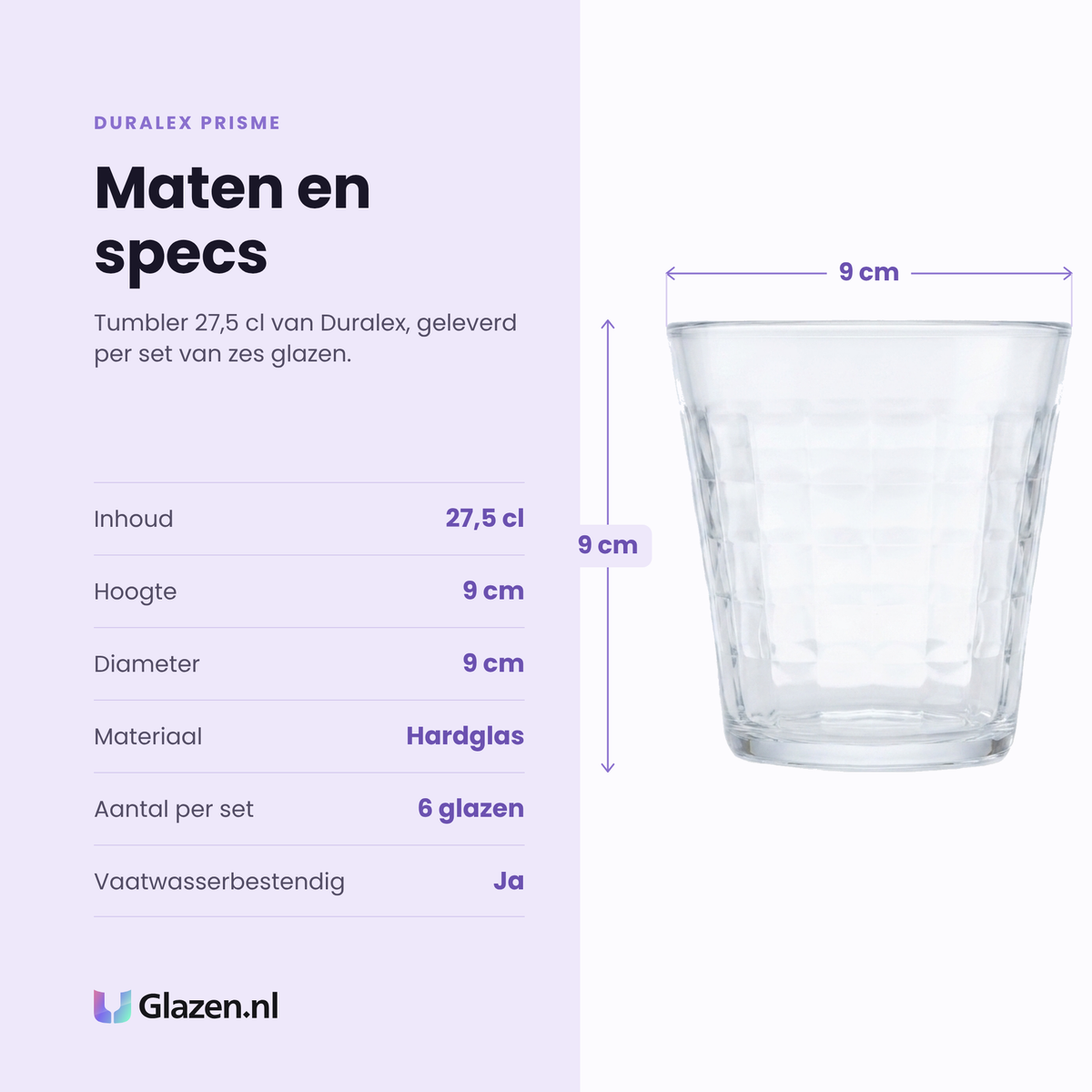 Duralex Prisme tumbler 27,5 cl specificaties: inhoud 27,5 cl, hoogte 9 cm, diameter 9 cm, hardglas, set van 6