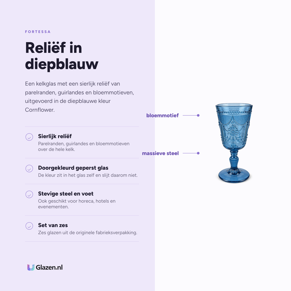 Infographic met de eigenschappen van Fortessa Debutante Allround Glas 28 cl Cornflower Blauw - 6 Stuks