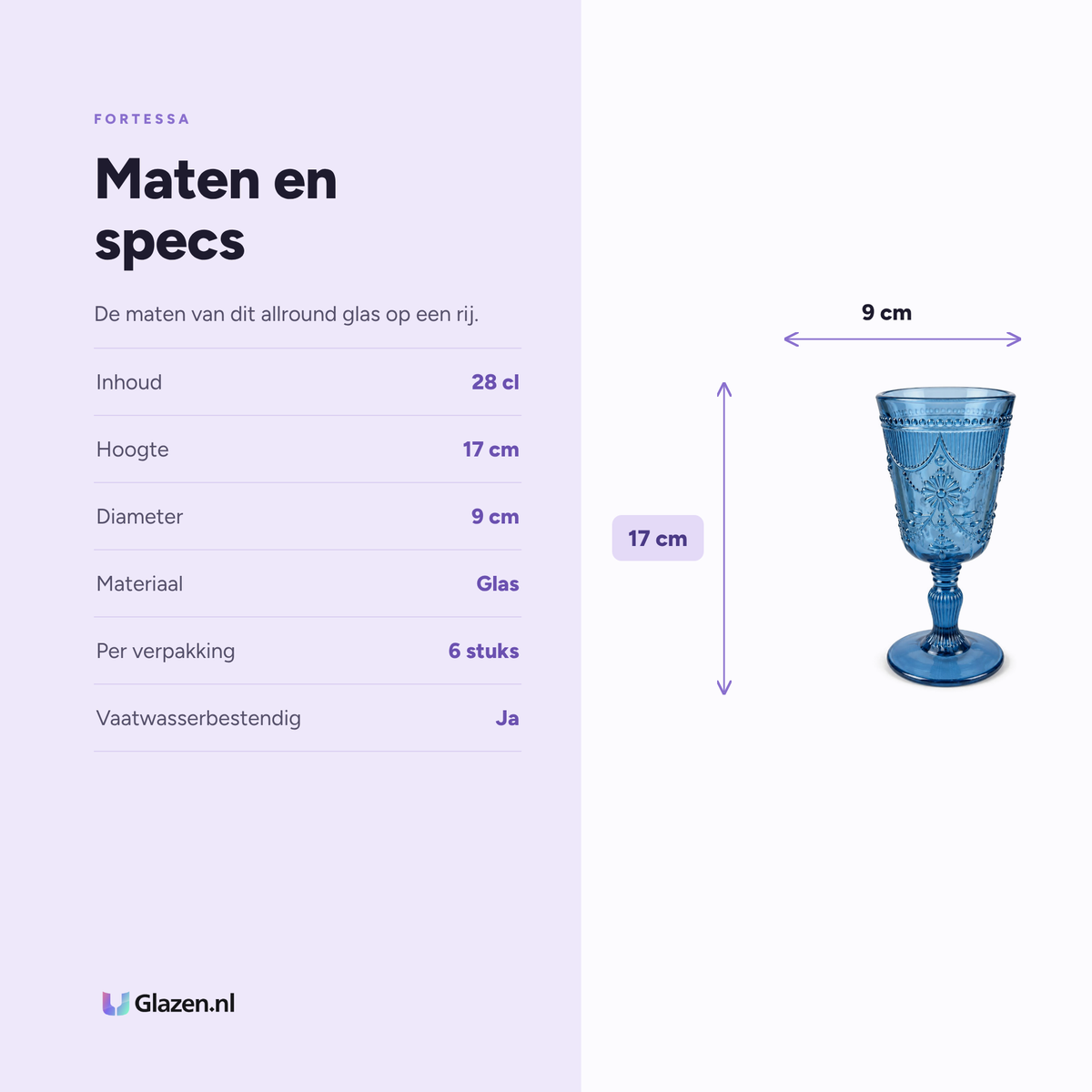 Maten en specificaties van Fortessa Debutante Allround Glas 28 cl Cornflower Blauw - 6 Stuks