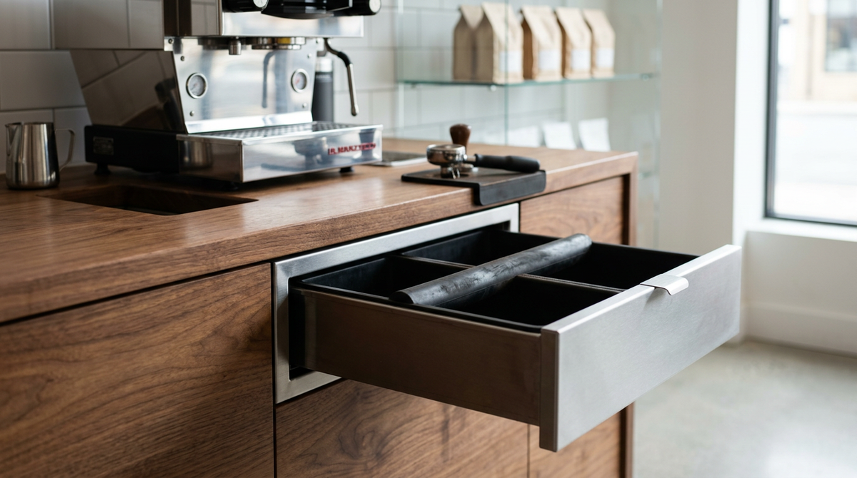 Inbouw knocklade in een houten werkblad, half open met de rubberen stang zichtbaar