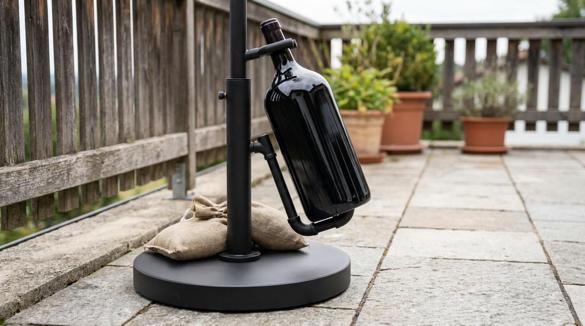 Zware zwarte aluminium wijnstandaard met magnumfles op een terras