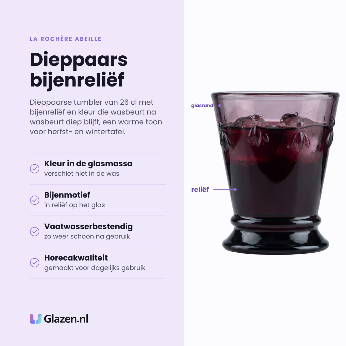 La Rochère Abeille tumbler 26 cl eigenschappen: kleur in de glasmassa, bijenmotief in reliëf, vaatwasserbestendig, horecakwaliteit