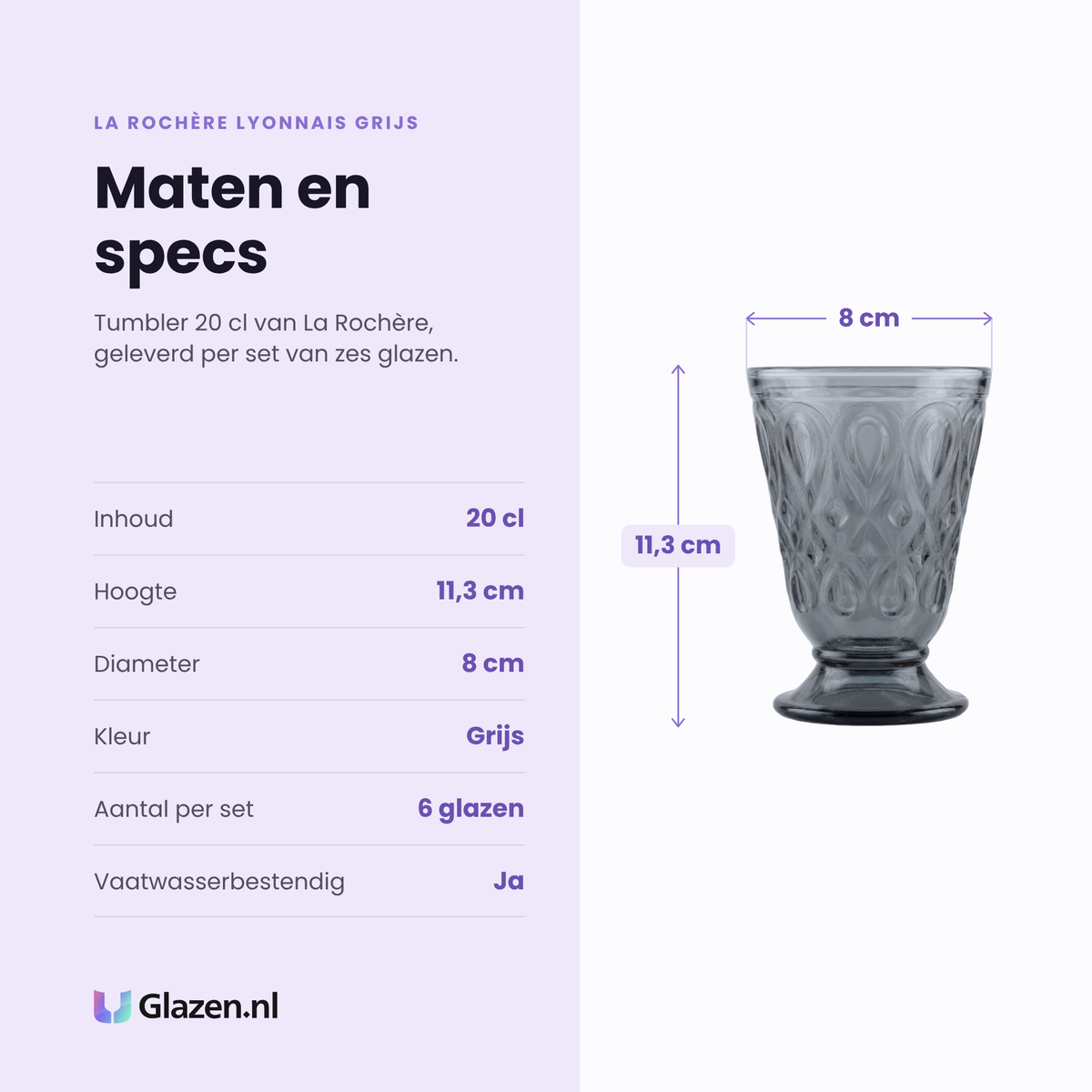 La Rochère Lyonnais tumbler 20 cl grijs specificaties: inhoud 20 cl, hoogte 11,3 cm, diameter 8 cm, grijs, set van 6