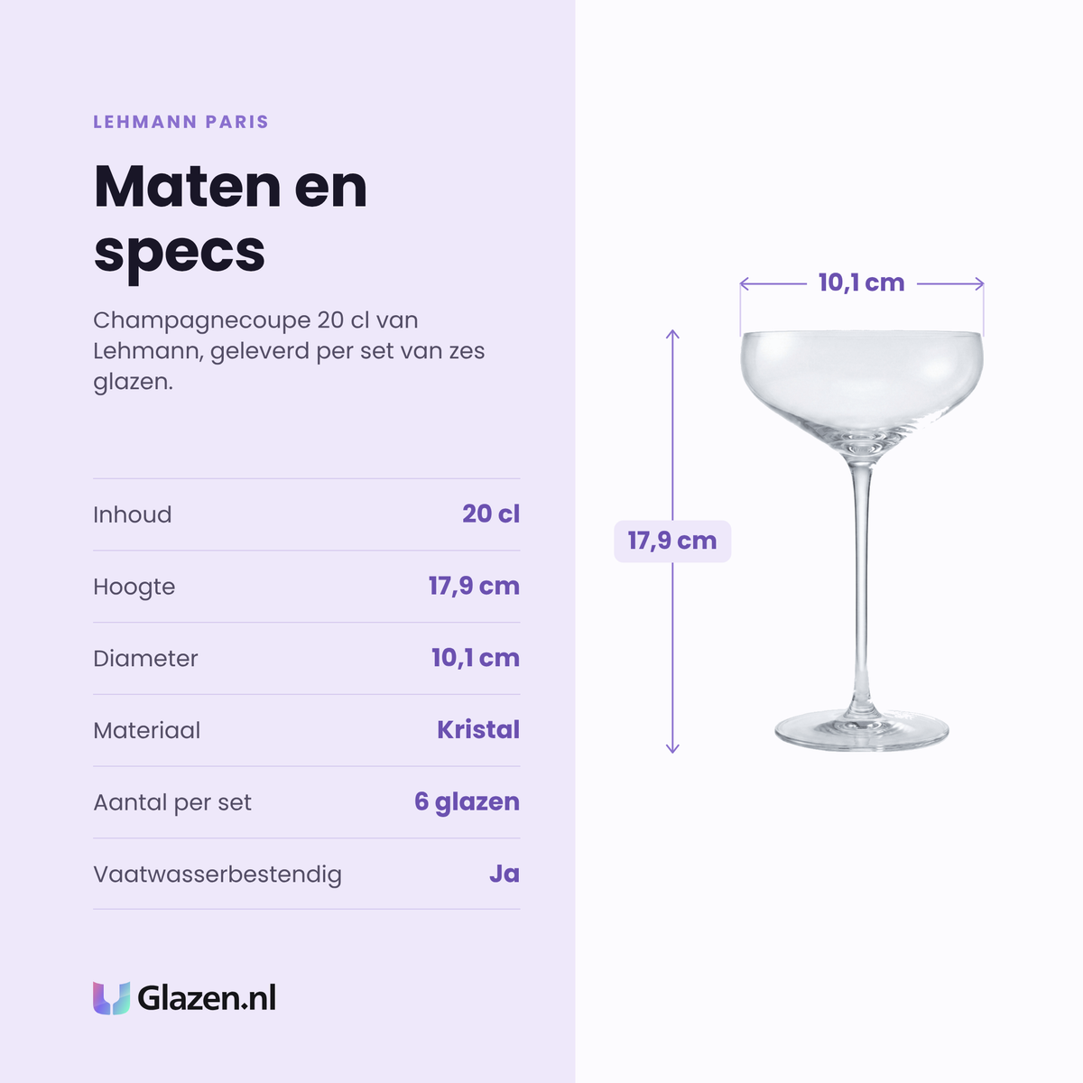 Lehmann Paris champagnecoupe 20 cl specificaties: inhoud 20 cl, hoogte 17,9 cm, diameter 10,1 cm, kristal, set van 6