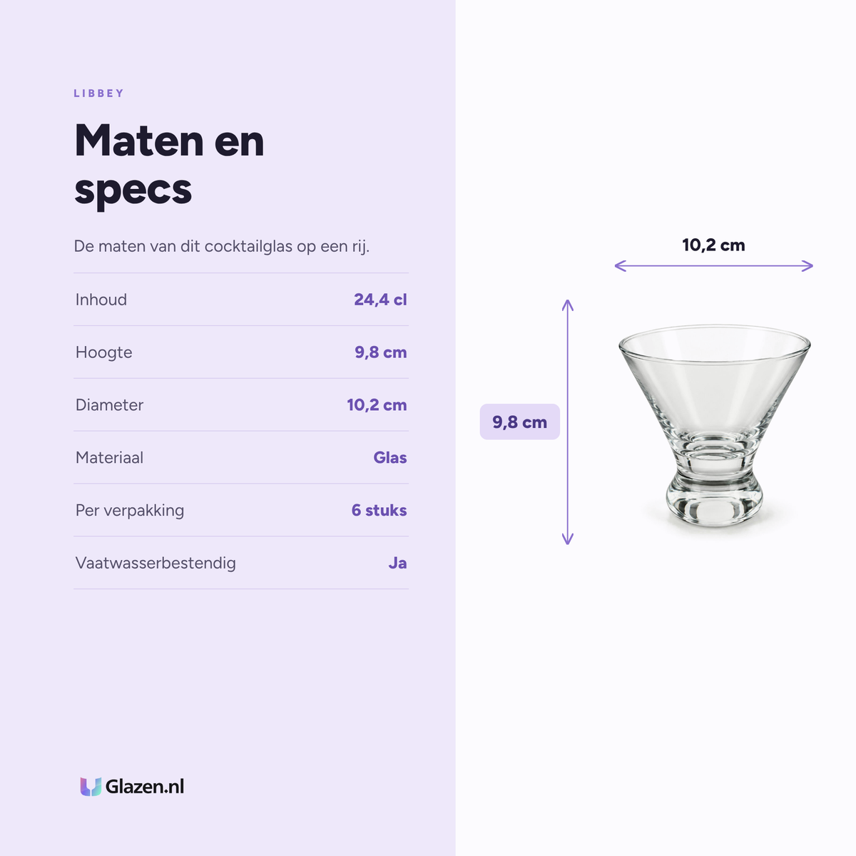 Maten en specificaties van Libbey Cosmopolitan Cocktailglas 24,4 cl Transparant - 6 Stuks