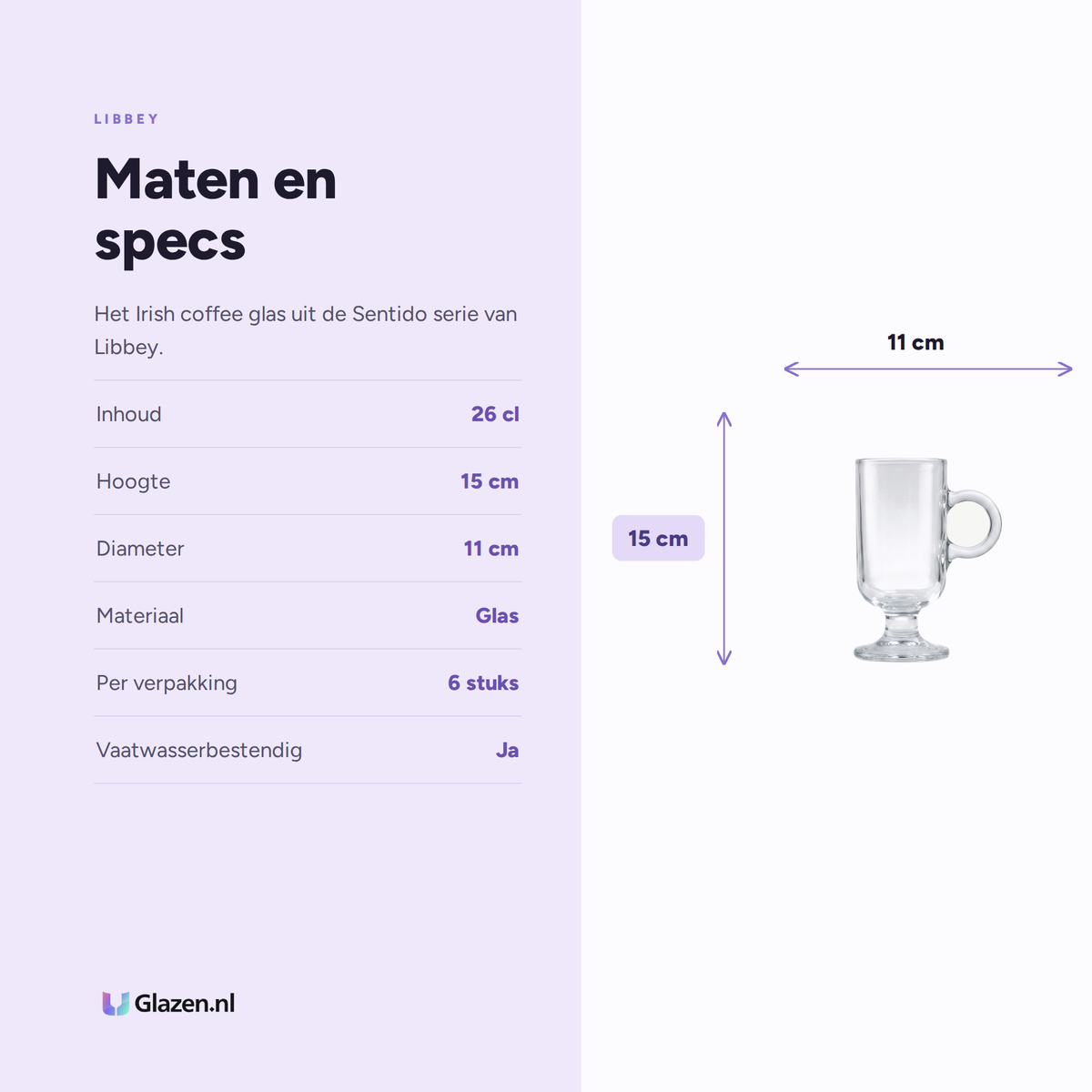 Maten en specs van Libbey Sentido Irish Coffee Glas 26 Cl
